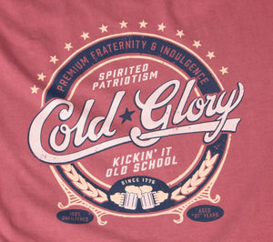 Close-up of vintage red t-shirt showing spirited patriotism, fraternity and indulgence beer label design for the Cold Glory Brand Circle design with stars and beer mugs toasting 