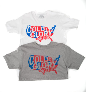 grey and white t-shirts with usa map showing red states vs blue states of cold glory nation