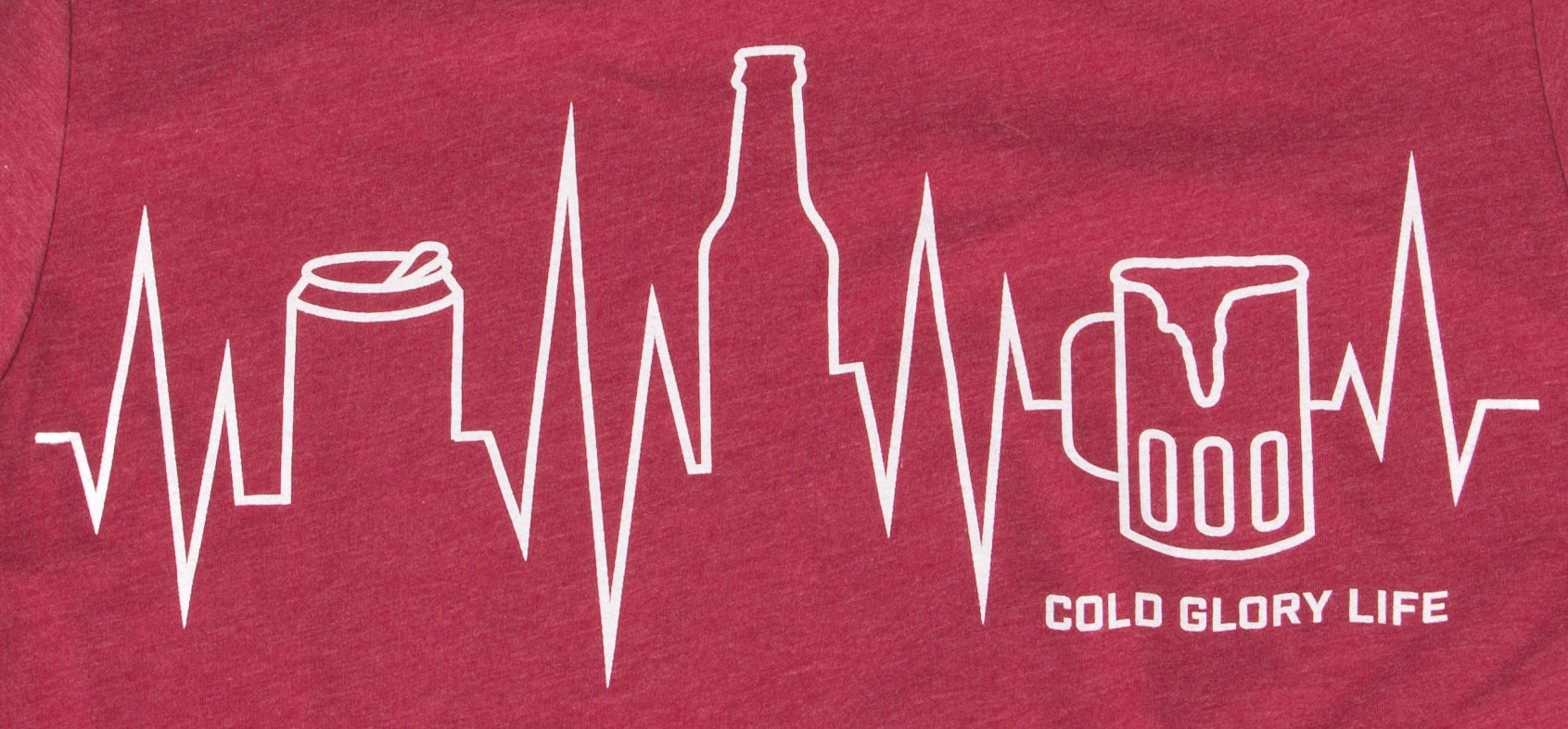 red t-shirt with a beer can, beer bottle and beer mug as a heartbeat, ekg line or city skyline closeup