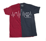 blue/red t-shirt with a beer can, beer bottle and beer mug as a heartbeat, ekg line or city skyline
