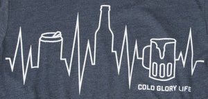 blue t-shirt with a beer can, beer bottle and beer mug as a heartbeat, ekg line or city skyline closeup