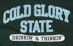 Close-up of forest green and light blue Collegiate Varsity T-shirt. Distressed printing of college or university  name and Drinking and Thinking sport.
