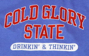 Close-up of Royal Blue and Orange Red Collegiate Varsity T-shirt. Distressed printing of college or university  name and Drinking and Thinking sport.