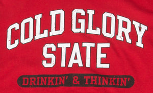Close-up of Red and white or Red and Black Collegiate Varsity T-shirt. Distressed printing of college or university  name and Drinking and Thinking sport.