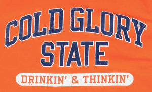 Close-up of Orange and Blue Collegiate Varsity T-shirt. Distressed printing of college or university  name and Drinking and Thinking sport.