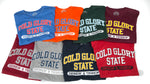 Colorful collegiate varsity t-shirts featuring distressed printing of college name and Drinking and Thinking sport.