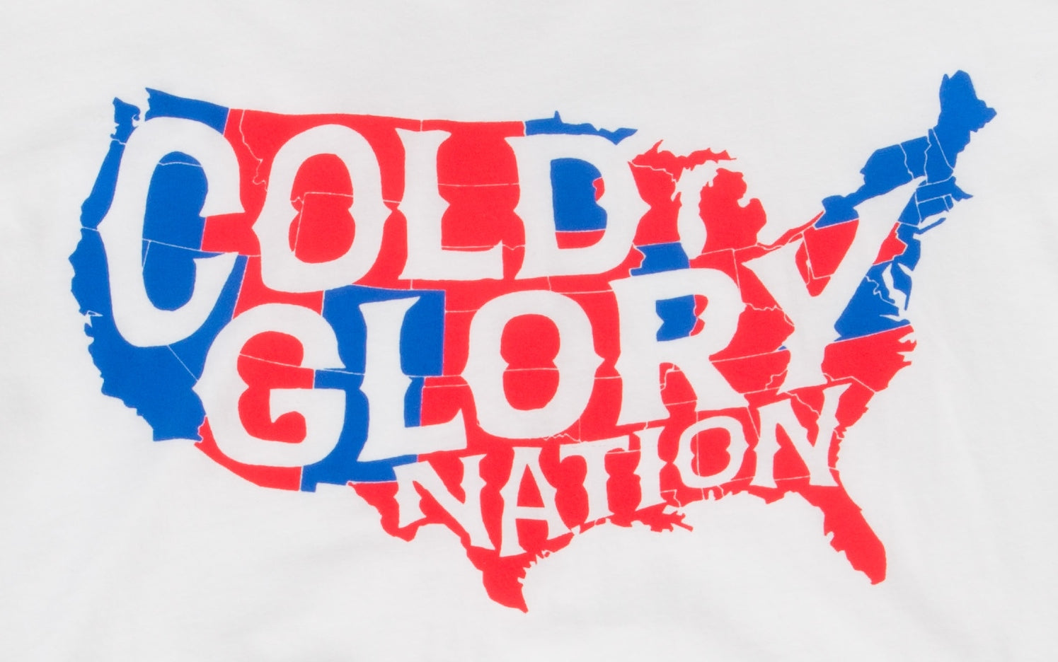 white t-shirt with usa map showing red states vs blue states of cold glory nation closeup