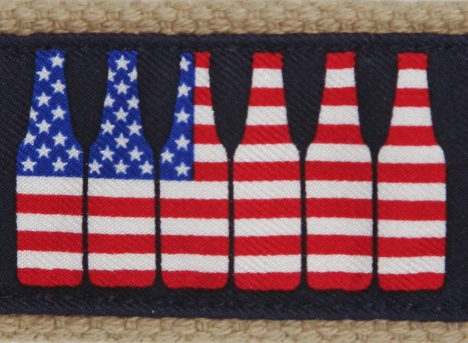 Close-up of American flag stars and stripes 6 pack of beer motif.  Preppy and patriotic styling similar to Vineyard Vines.