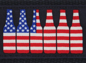 Close-up of American flag stars and stripes 6 pack of beer motif.  Preppy and patriotic styling similar to Vineyard Vines.